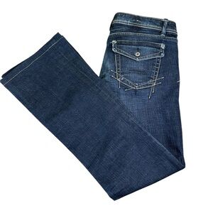 YANUK Dreamer Stitch Low Rise Flare Jeans Sz 27 VTG Y2K Dark Wash Made in USA